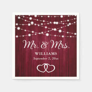 Burgundy String Lights Hearts Rustic Wood Wedding Napkin