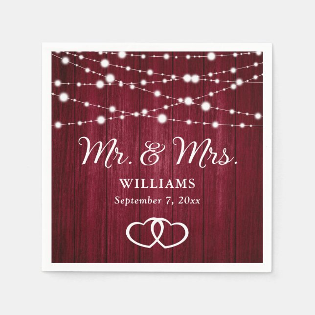 Burgundy String Lights Hearts Rustic Wood Wedding Napkin (Front)
