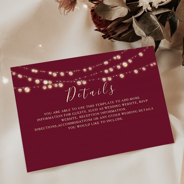 Burgundy String Lights Mariage Détails Carte (Créateur téléchargé)