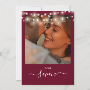 Burgundy String Lights Photo Table Number