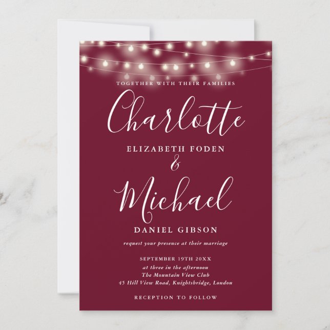 Burgundy String Lights Script Photo Wedding  Invitation (Front)