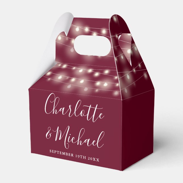 Burgundy String Lights Signature Script Wedding Favor Box (Front Side)
