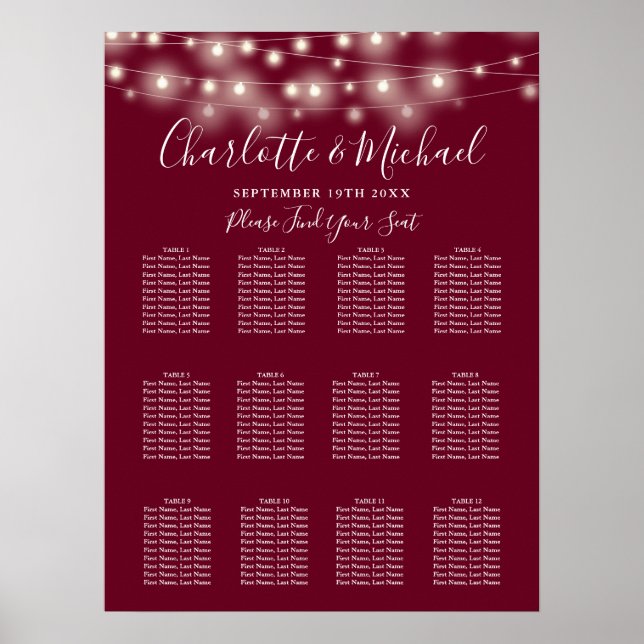 Burgundy String Lights Wedding Seating Chart (Front)