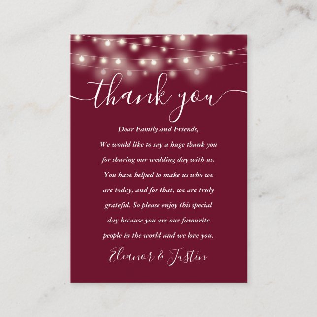 Burgundy String Lights Wedding Thank You Place  Place Card (Front)