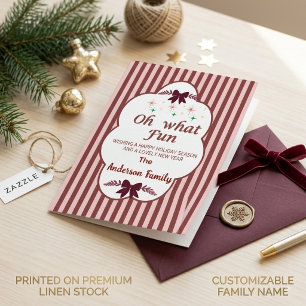 Burgundy Stripe Holiday Card Vintage Bow Oh What