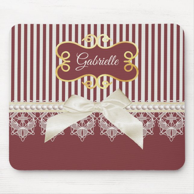 Burgundy Stripe Lace Name Mouse Pad (Front)