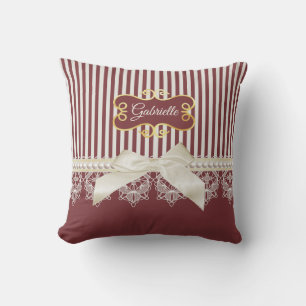 Burgundy Stripe Lace Name Throw Pillow