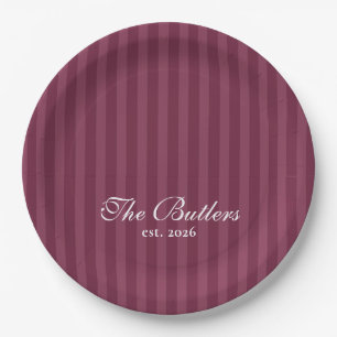 Burgundy Striped Last Name Paper Plates