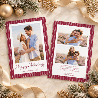 Burgundy Striped Minimal 3 Photo Happy Holiday Card