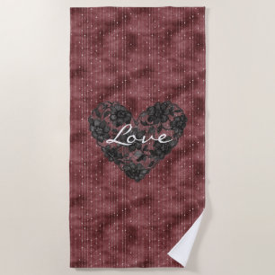 Burgundy Stripes Black Faux Lace Floral Heart  Beach Towel