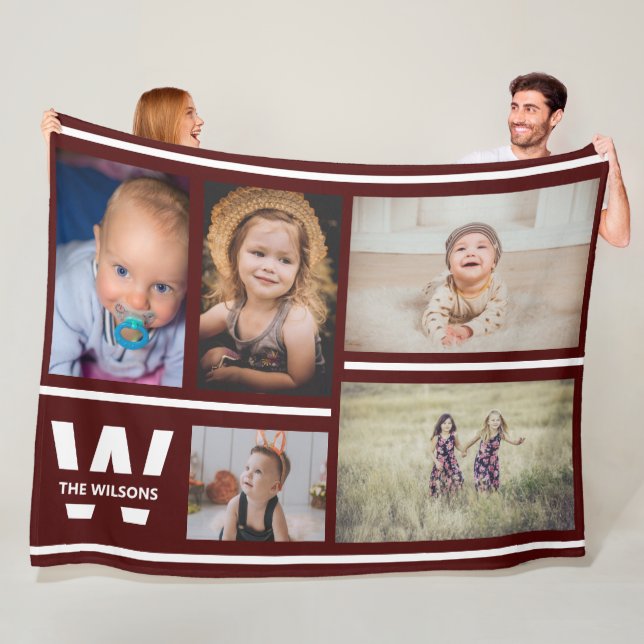 Burgundy Stripes Multiple Photos Custom Monogram Fleece Blanket (In Situ)