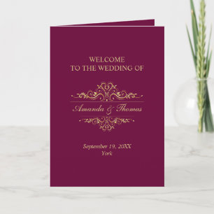 Burgundy stylish gold frame wedding programme program