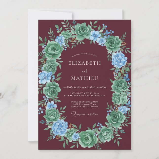 Burgundy Succulent Blossom Wedding Invitation (Front)