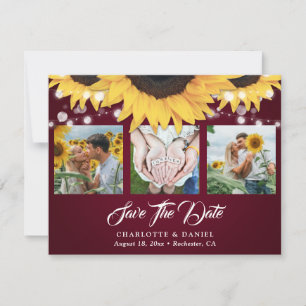 Burgundy Sunflower Floral Lace 3 Photo Wedding Save The Date