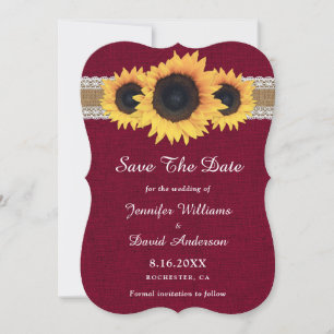Burgundy Sunflower Rustic Burlap Lace Wedding Save The Date