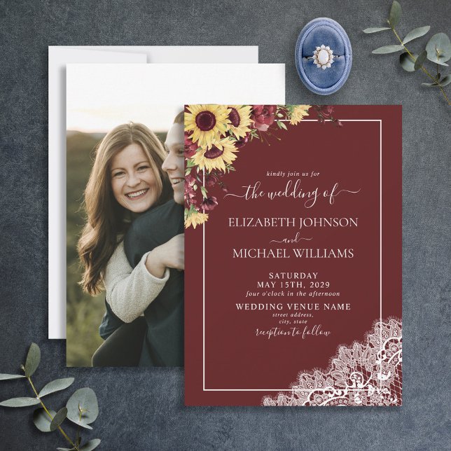 Burgundy Sunflower Rustic Script Photo Wedding Invitation (Creator Uploaded)