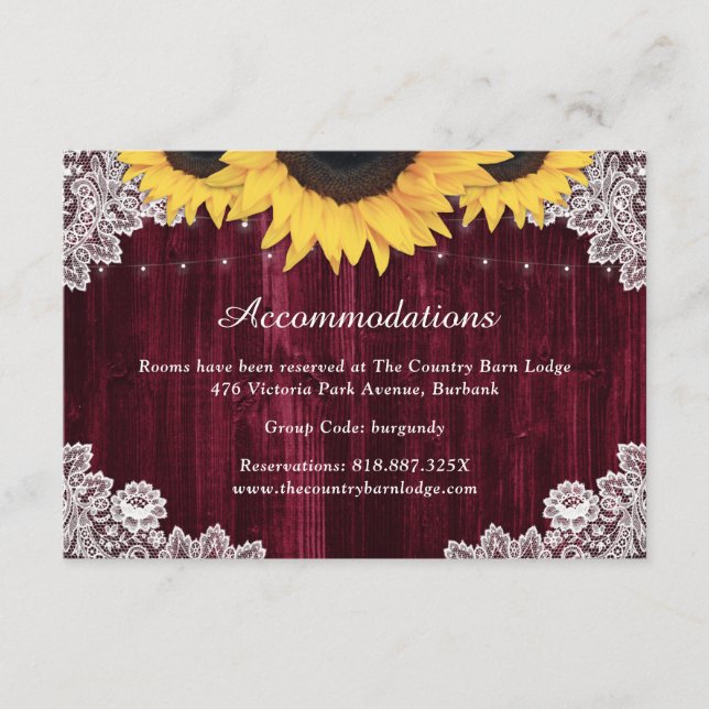 Burgundy Sunflower Wedding Hotel Accommodation Enclosure Card (Front)