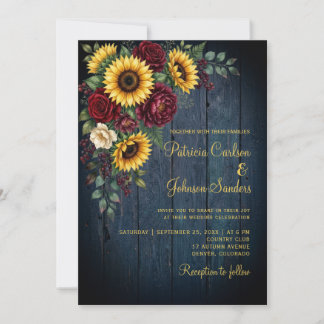 Burgundy Sunflower Wedding Invitation Rustic Dark
