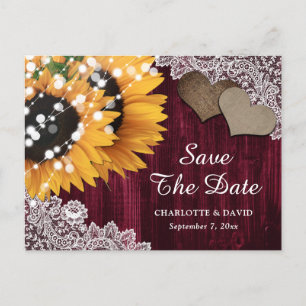 Burgundy Sunflower Wedding Save The Date Postcard