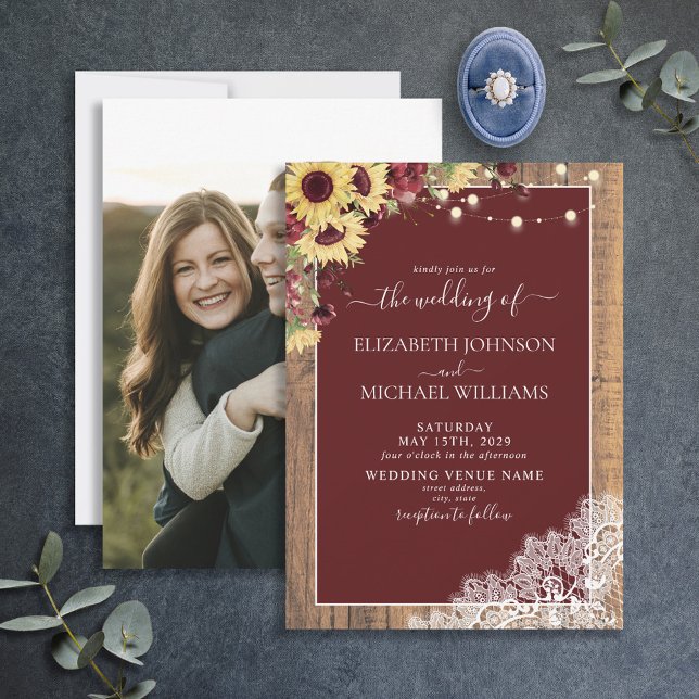 Burgundy Sunflower Wood Script Lace Photo Wedding Invitation (Creator Uploaded)