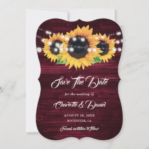 Burgundy Sunflower Wood String Lights Wedding Save The Date