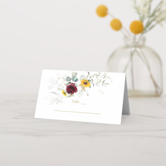 Burgundy Sunflowers Airy Greenery Table Number   Place Card (Front)