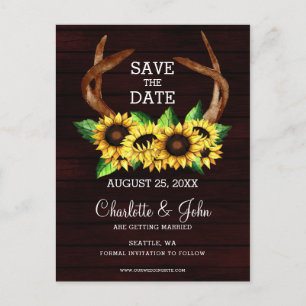 Burgundy sunflowers antlers country chic wedding announcement postcard