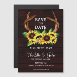 Burgundy sunflowers antlers country save the date magnetic invitation