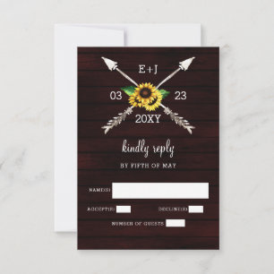 Burgundy Sunflowers Barn wood country wedding RSVP Card
