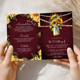 Burgundy Sunflowers Mason Jar QR Code Wedding Invitation