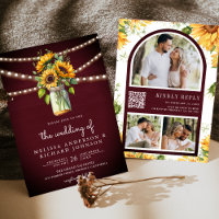Burgundy Sunflowers Mason Jar QR Code Wedding