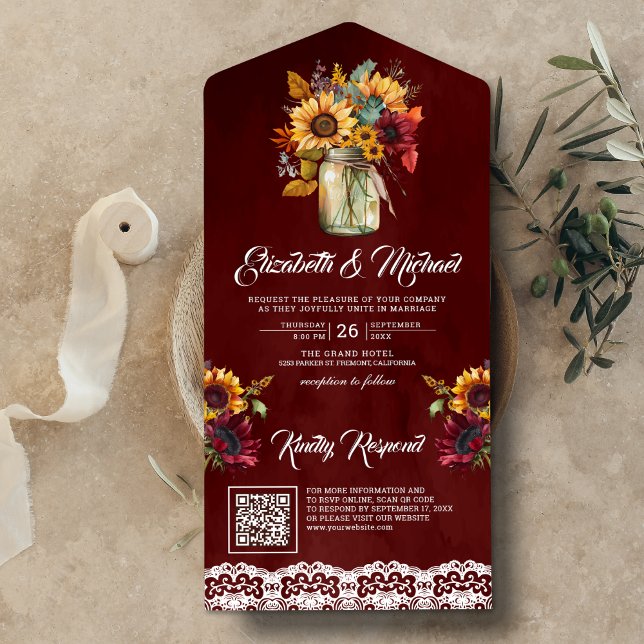 Burgundy Sunflowers Mason Jar Red QR Code Wedding All In One Invitation (Creator Uploaded)