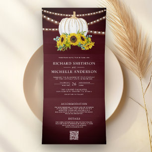 Burgundy Sunflowers White Pumpkin QR Code Wedding Tri-Fold Invitation