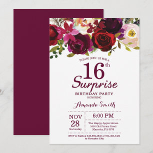 Burgundy Surprise Floral 16th Birthday Party Invitation