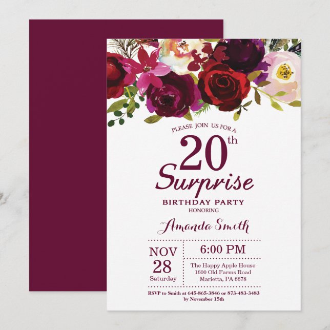Burgundy Surprise Floral 20th Birthday Party Invitation (Front/Back)