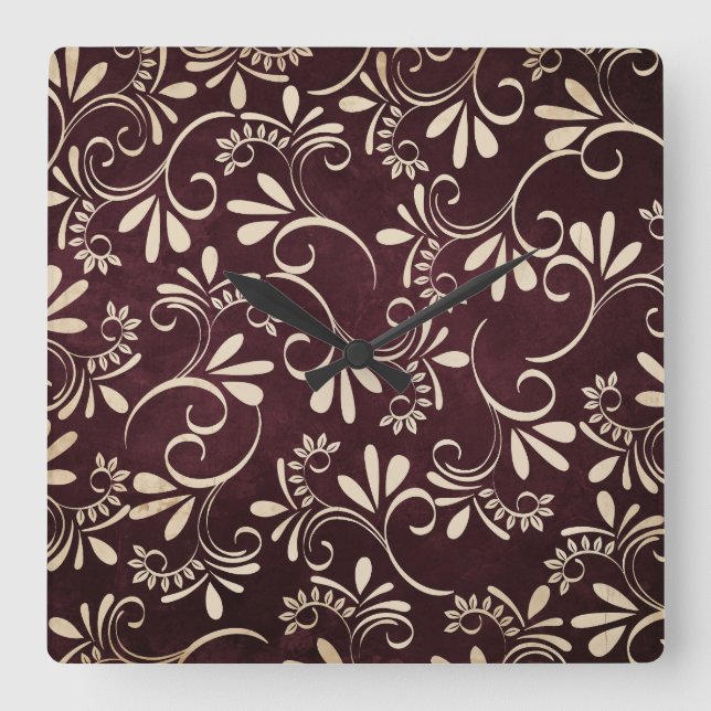 Burgundy swirls square wall clock (Front)
