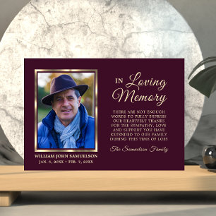 Burgundy Sympathy Funeral Memory THANK YOU Photo Card