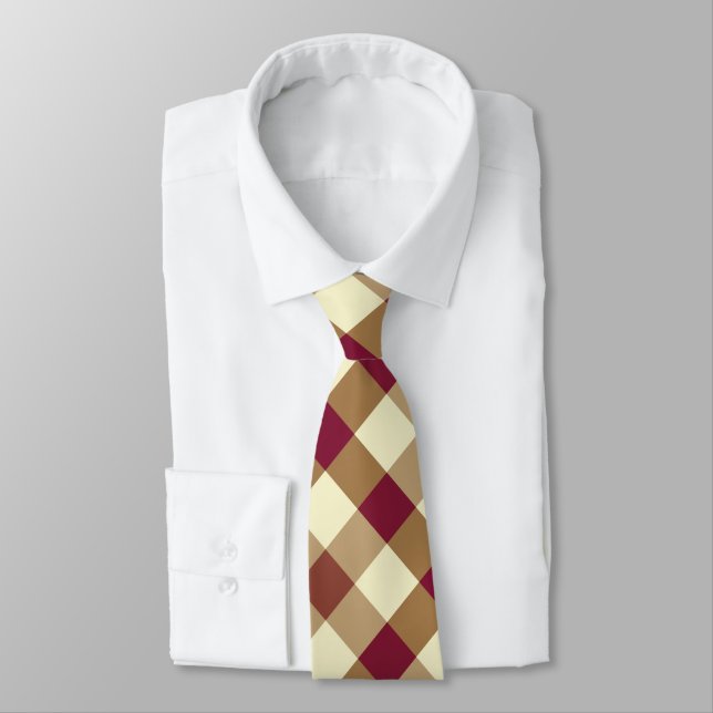 Burgundy, Tan, and Cream Diagonal Gingham Pattern  Tie (Tied)