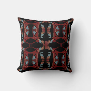 Burgundy Tan Light Blue on Black Large Mosaic Tile Throw Pillow