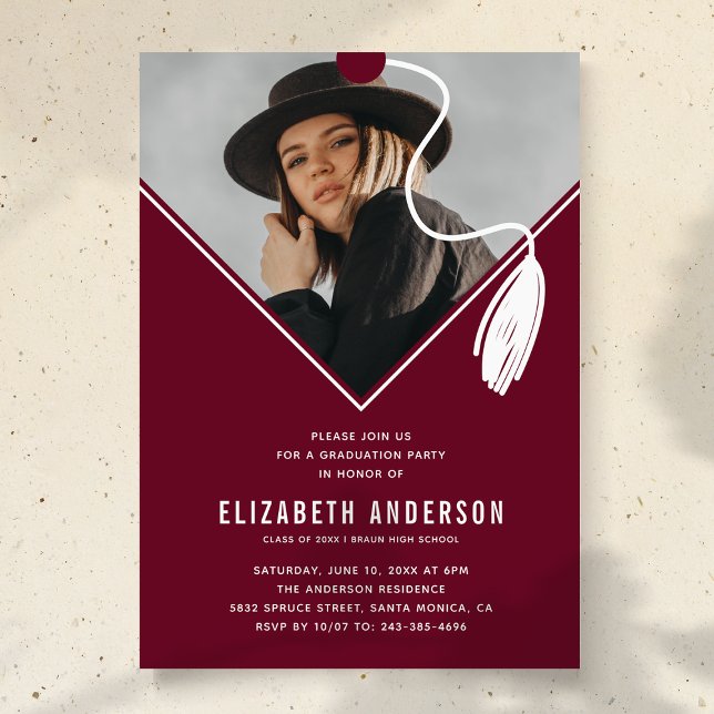 Burgundy Tassel Cap Photo Graduation Party Invitation (Creator Uploaded)