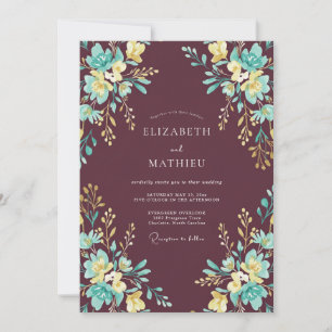 Burgundy Teal Blossom Wedding Invitation