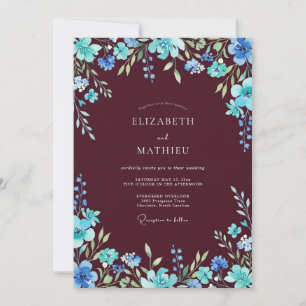 Burgundy Teal Floral Flourish Wedding Invitation