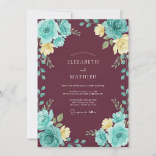 Burgundy Teal Leafy Wedding Invitation