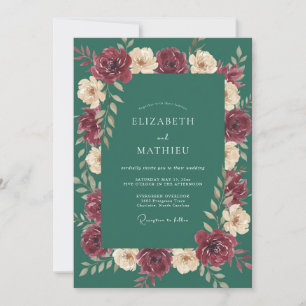 Burgundy Teal Ranunculus Soft Eucalyptus Wedding Invitation