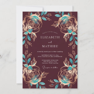 Burgundy Teal Rose Wedding Invitation