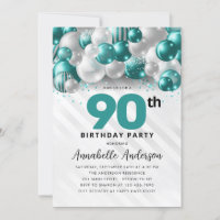 Burgundy Teal Silver Balloon Glitter 90th Birthday
