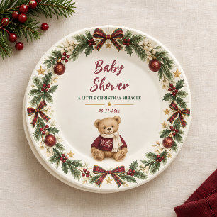 Burgundy Teddy Bear Christmas Baby Shower Paper Plate
