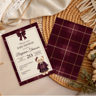 Burgundy Teddy Bear Preppy Plaid Baby Shower Invitation