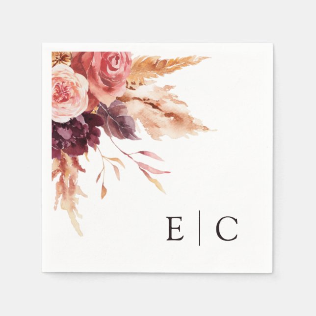 Burgundy Terracotta Floral Wedding Monogram  Napkin (Front)