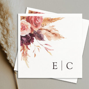 Burgundy Terracotta Floral Wedding Monogram  Napkin